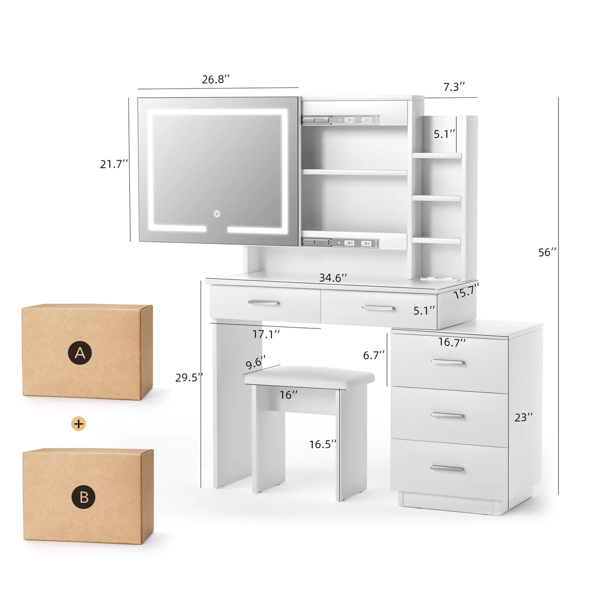 Large White Makeup Vanity Desk with Lighted Mirror and 3-Drawer Chest F57252