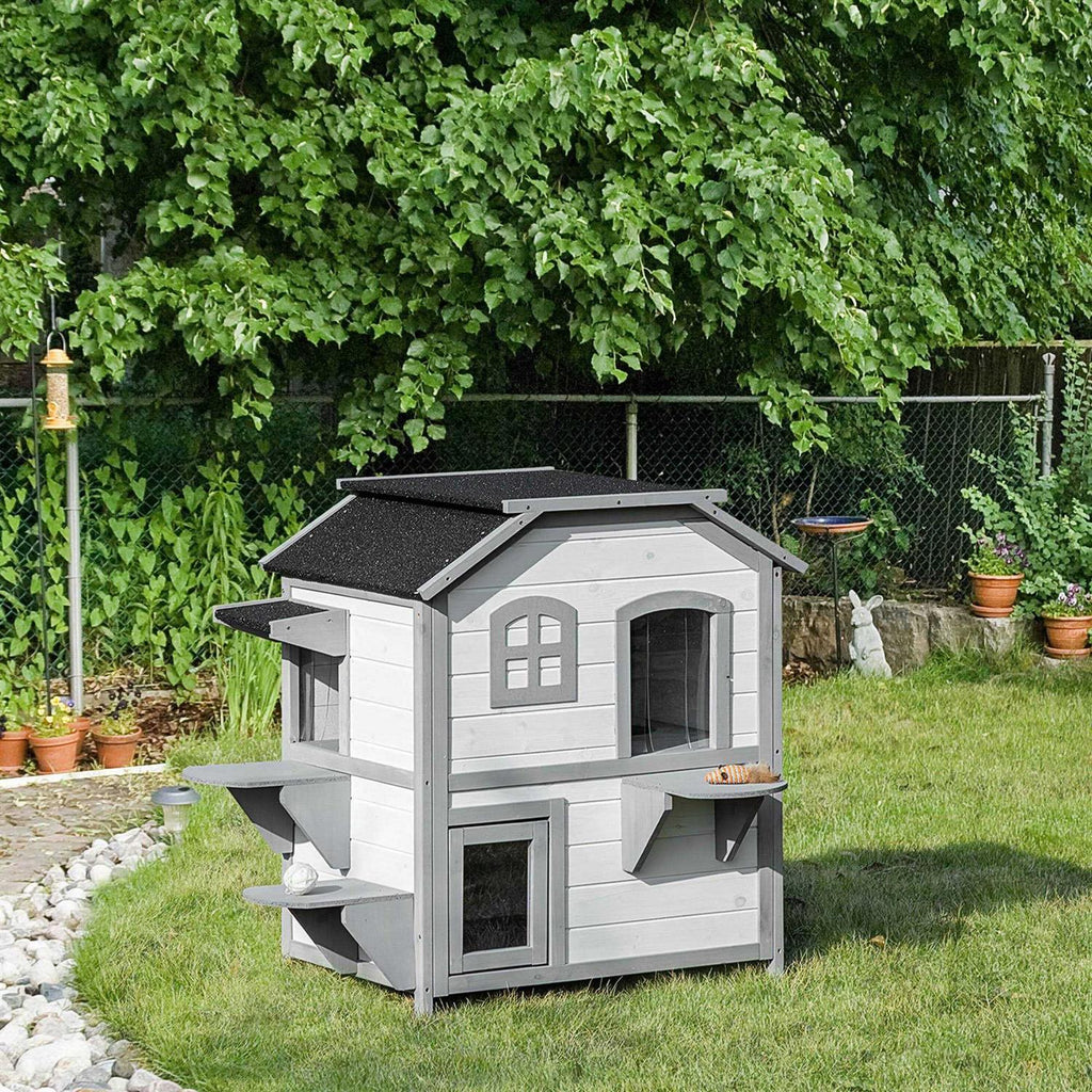 Wooden 2-Story Outdoor Cat House with Escape Door M831