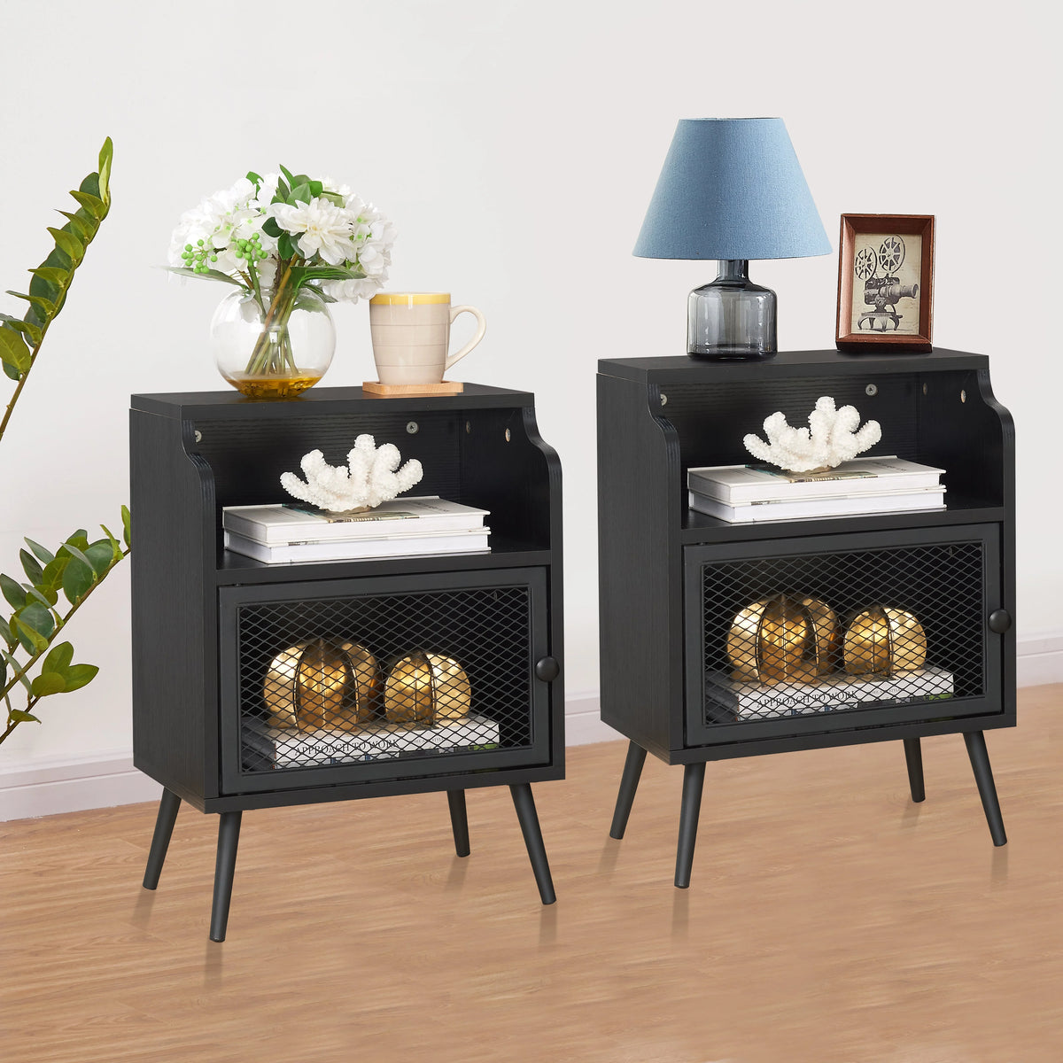 Set of 2 Black Nightstand with Storage Cabinet J250