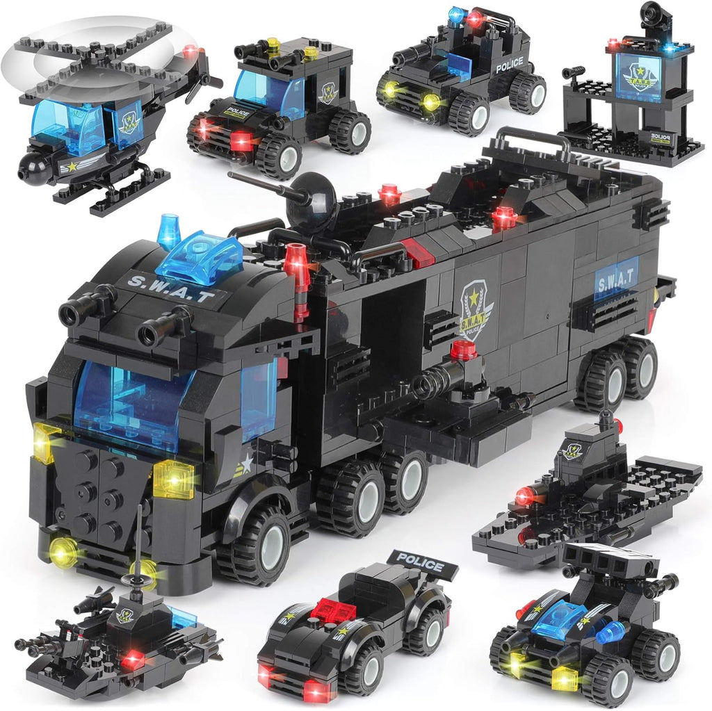 1110 PCS SWAT City Police Station Mobile Command Center Truck Car Building Blocks Set with Storage Box V630