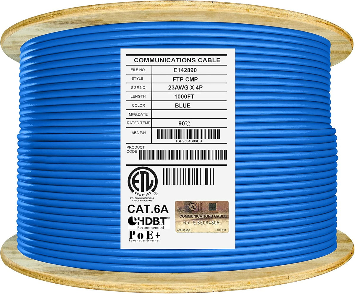 Bulk Ethernet Cable Reel, Cat6A Shielded Plenum, 1000ft, FTP 23AWG, Solid Pure Copper, Blue P466670
