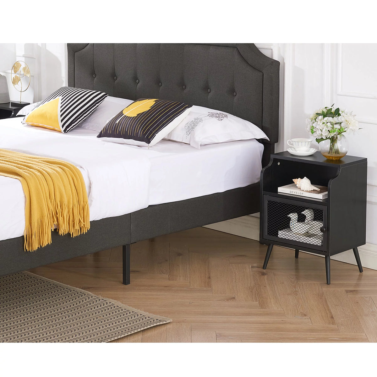 Set of 2 Black Nightstand with Storage Cabinet J250
