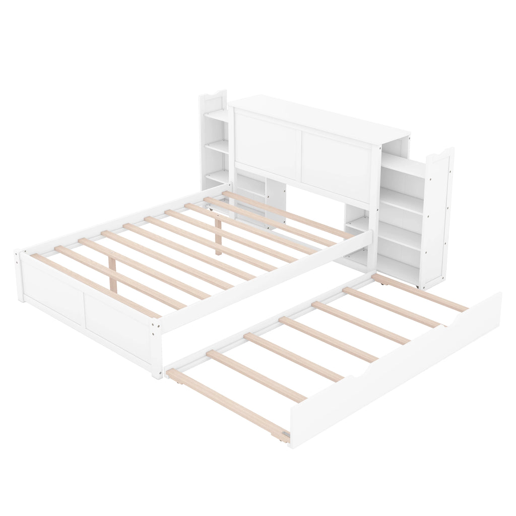Full Size Wood Platform Bed with Trundle and Storage M756