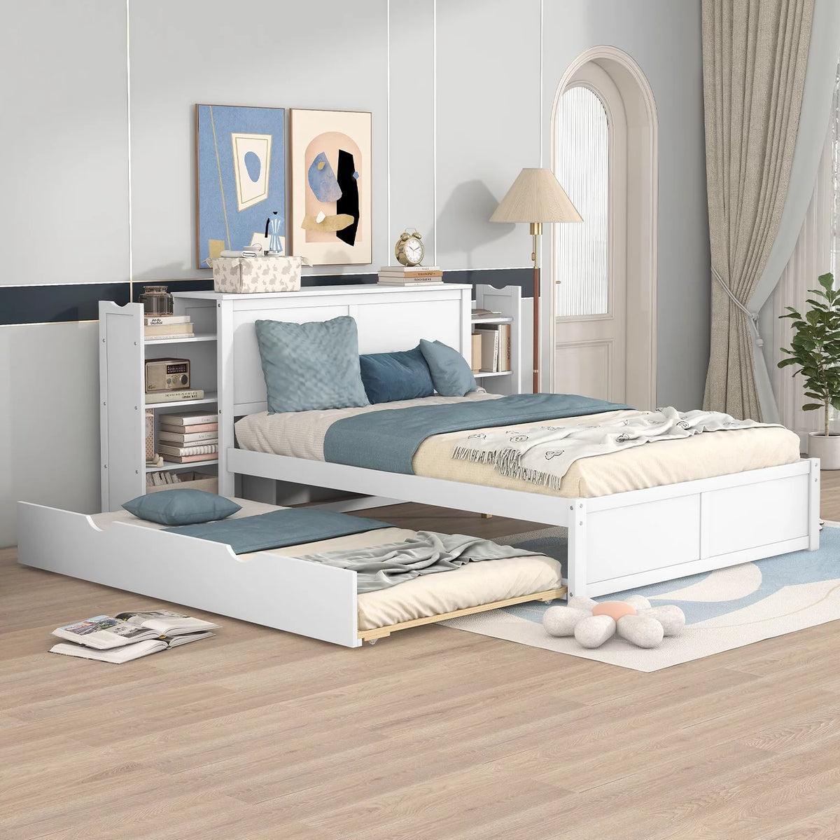 Full Size Wood Platform Bed with Trundle and Storage M756