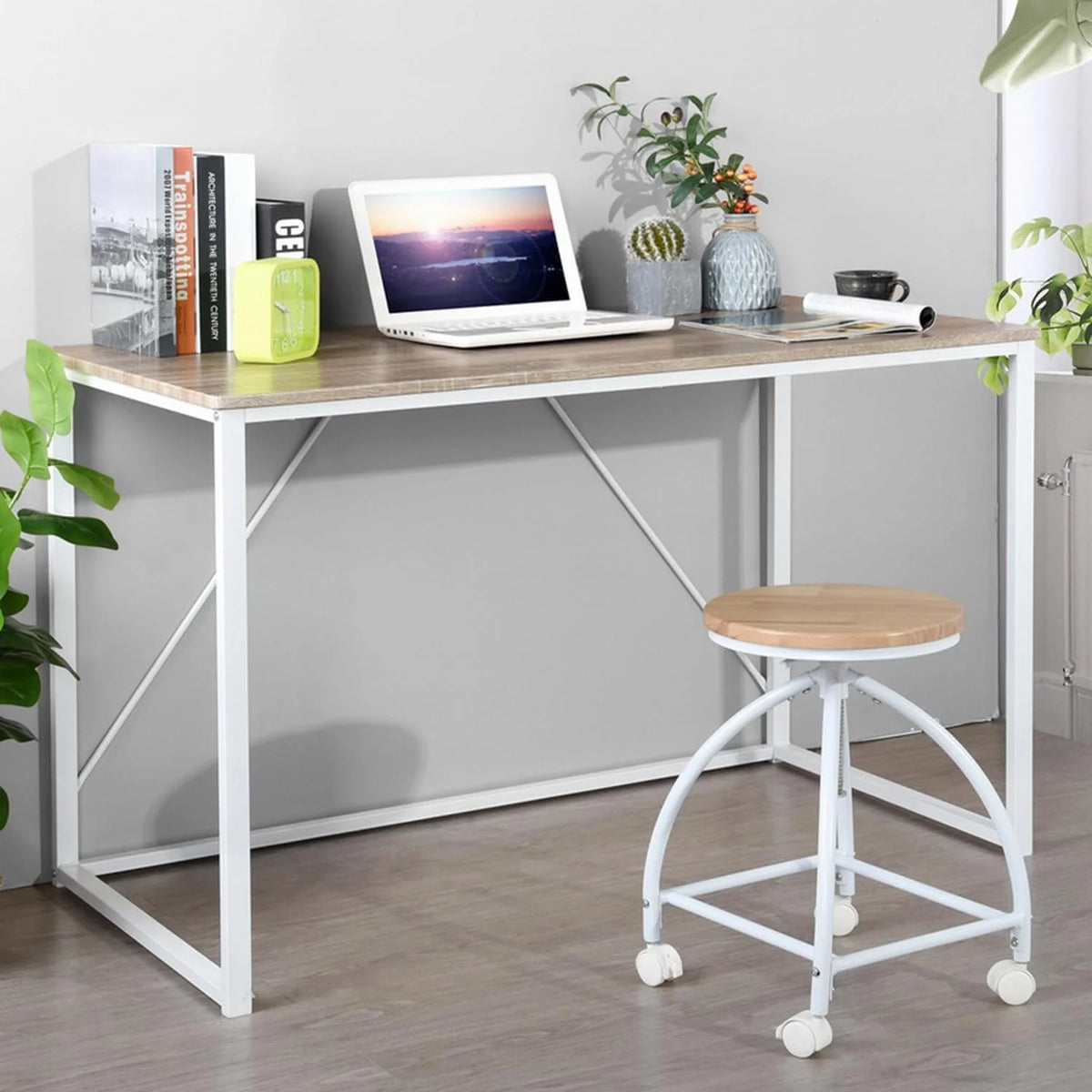 47.2 Inch Light Brown and White Computer Desk with Metal Frame S476