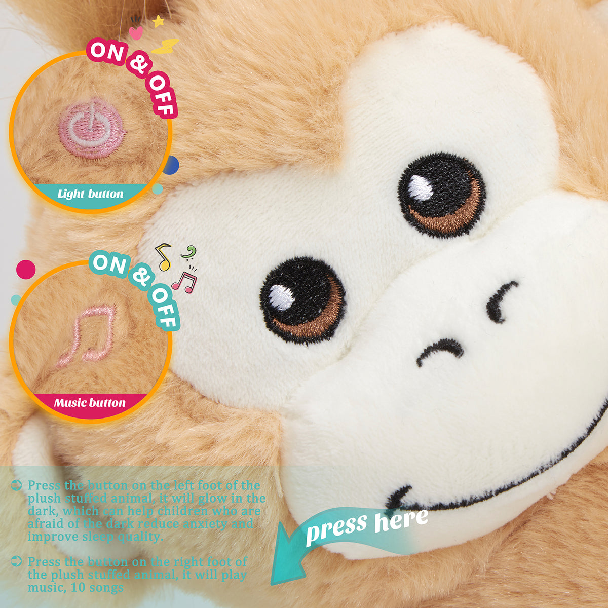 12'' Musical LED Monkey Stuffed Animal Plush Toy N514