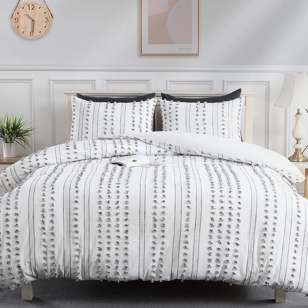 100% Cotton Queen Size 3Pcs Yarn-Dyed Tufted Dots Jacquard Duvet Cover Set B506