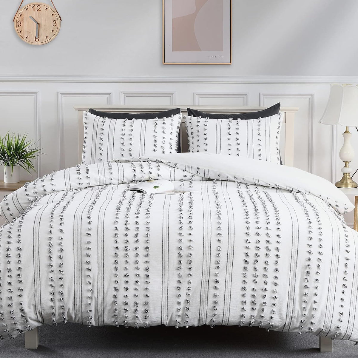 100% Cotton Queen Size 3Pcs Yarn-Dyed Tufted Dots Jacquard Duvet Cover Set B506