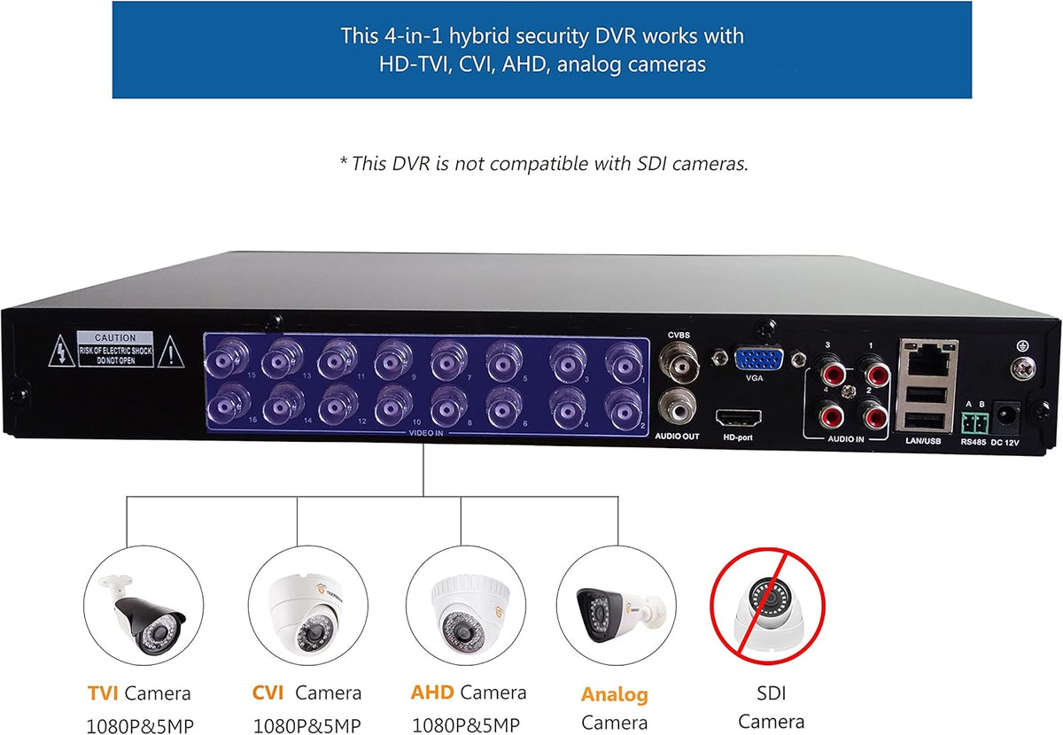 16-Channel Hybrid 4-in-1 DVR Security Recorder Without Hard Drive H8189