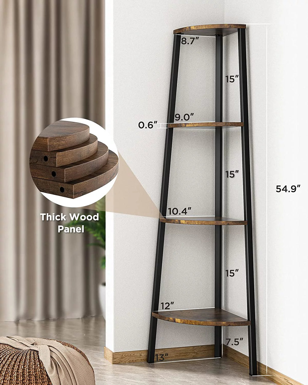 Rustic Brown 4 Tier Corner Bookshelf F313