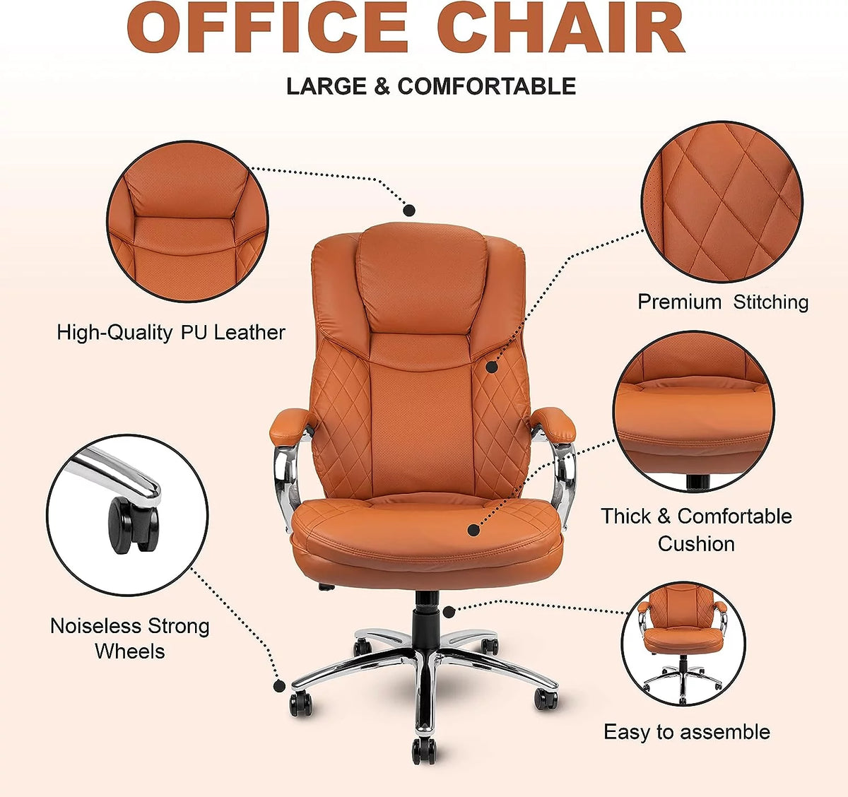 Camel Brown Big and Tall Executive Office Chair 400lbs Capacity PU Leather R247