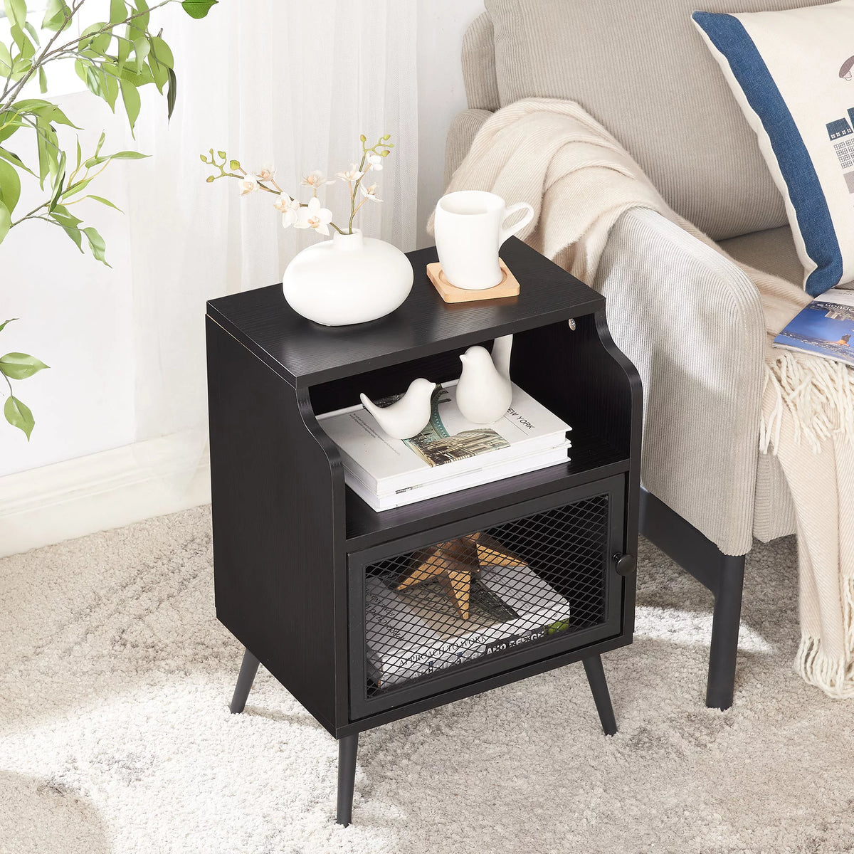 Set of 2 Black Nightstand with Storage Cabinet J250