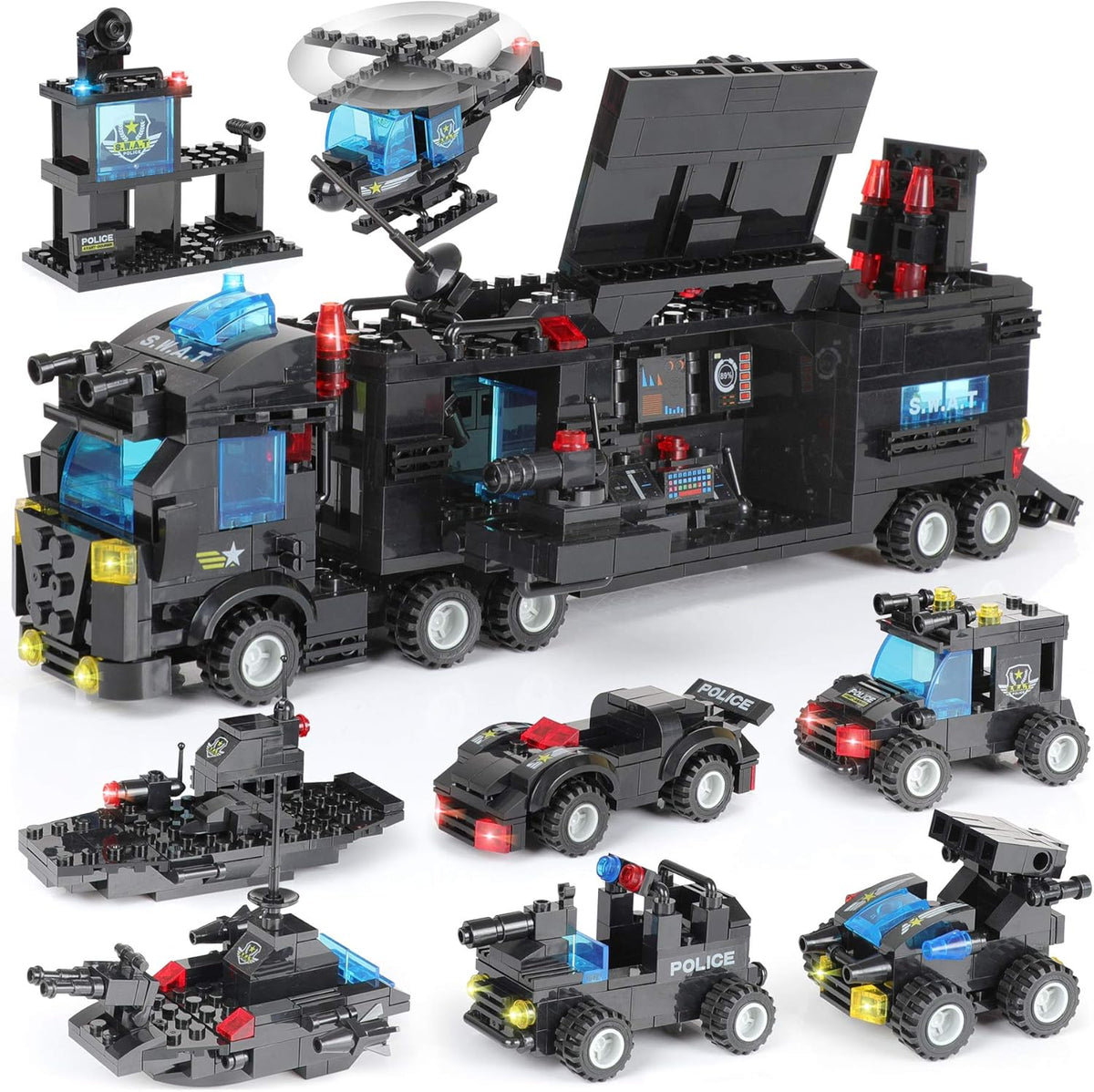 1110 PCS SWAT City Police Station Mobile Command Center Truck Car Building Blocks Set with Storage Box V630