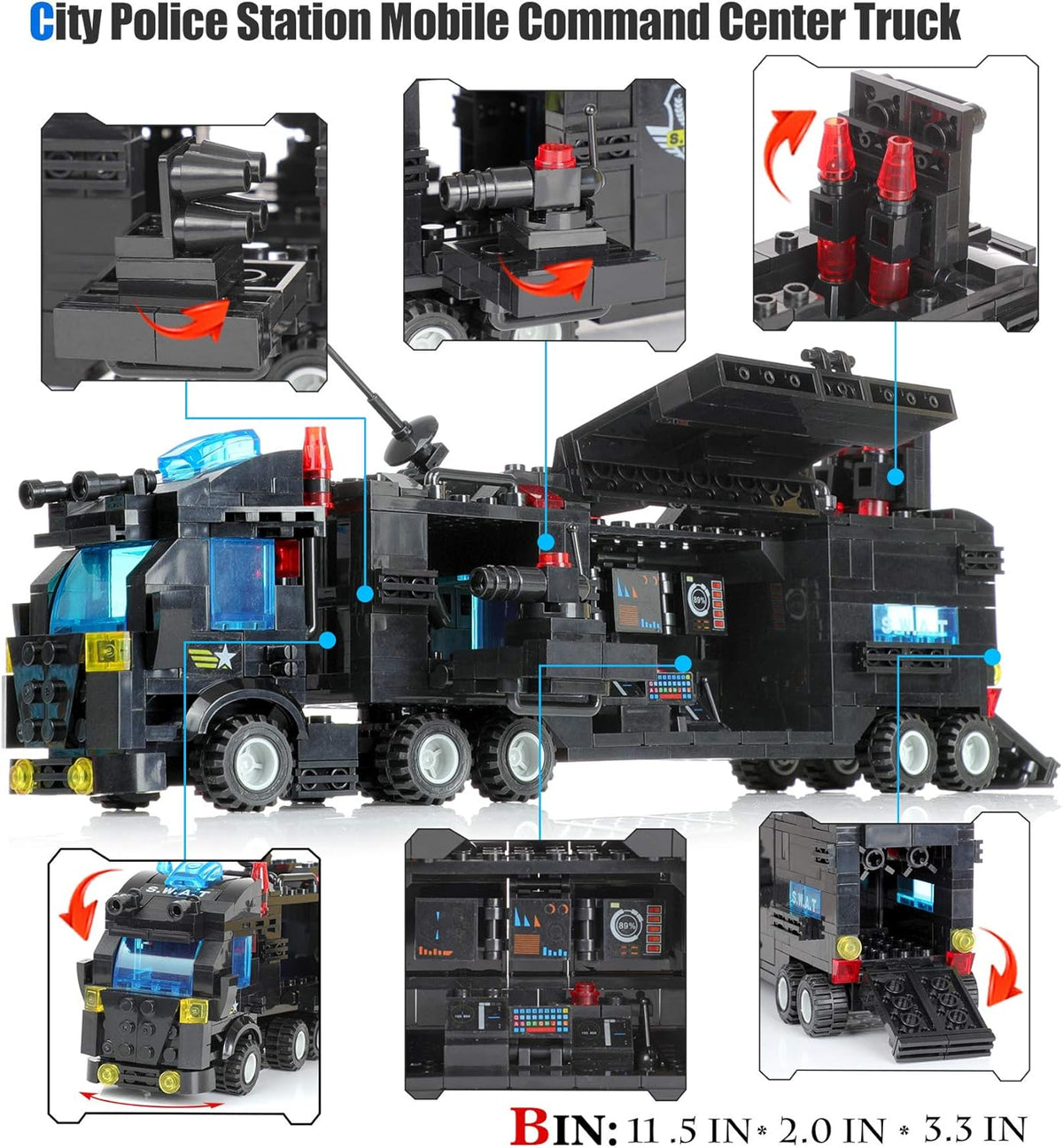 1110 PCS SWAT City Police Station Mobile Command Center Truck Car Building Blocks Set with Storage Box V630