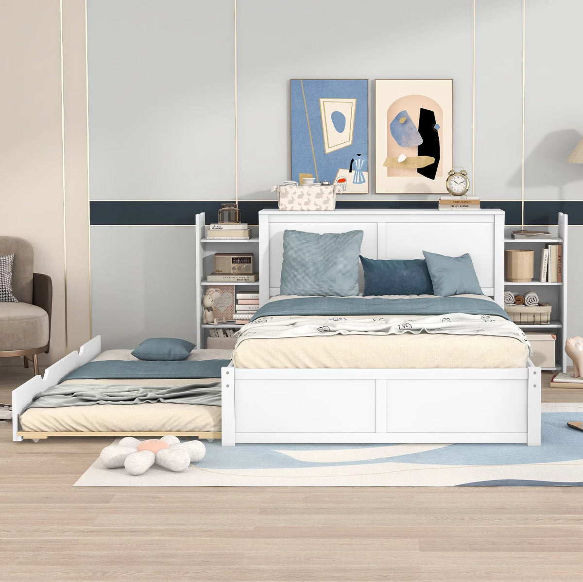 Full Size Wood Platform Bed with Trundle and Storage M756