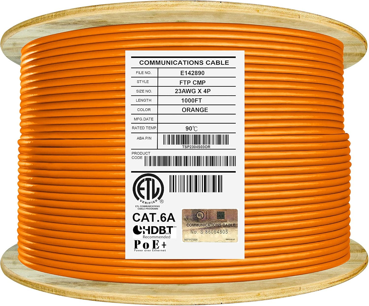 Bulk Ethernet Cable Reel, Cat6A Shielded Plenum, 1000ft, FTP 23AWG, Solid Pure Copper, Blue P466670