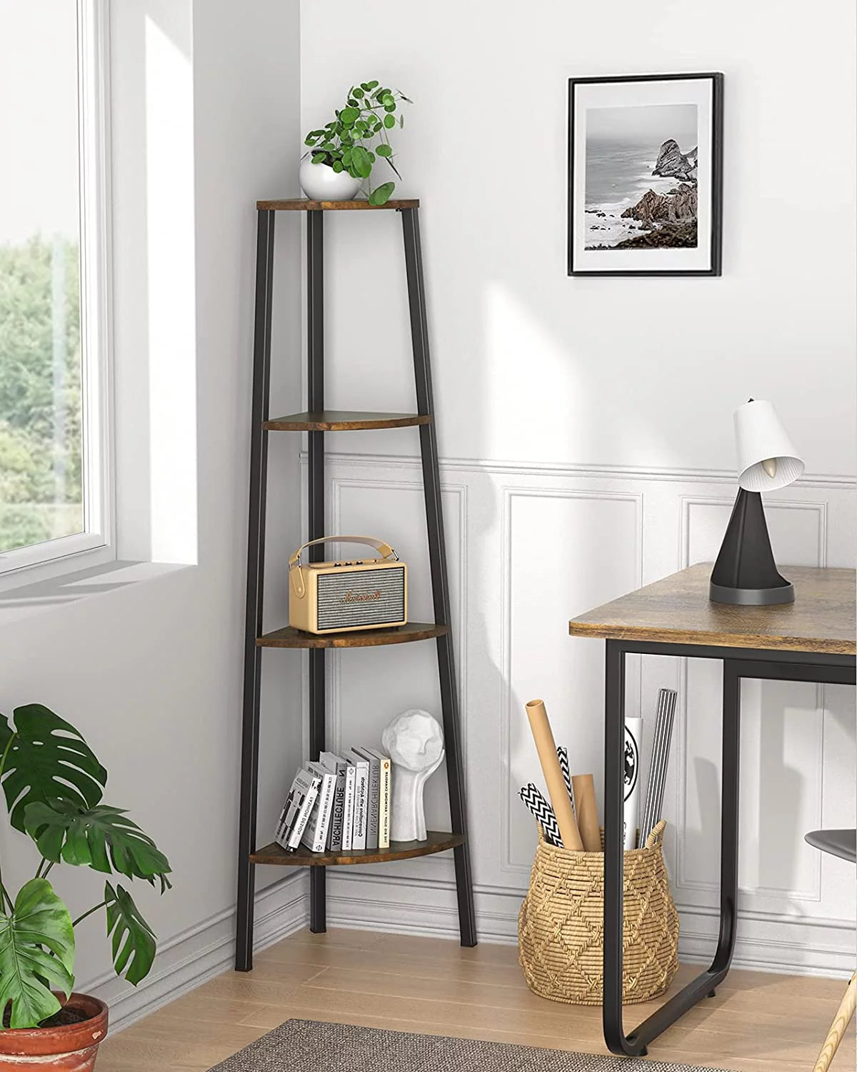Rustic Brown 4 Tier Corner Bookshelf F313