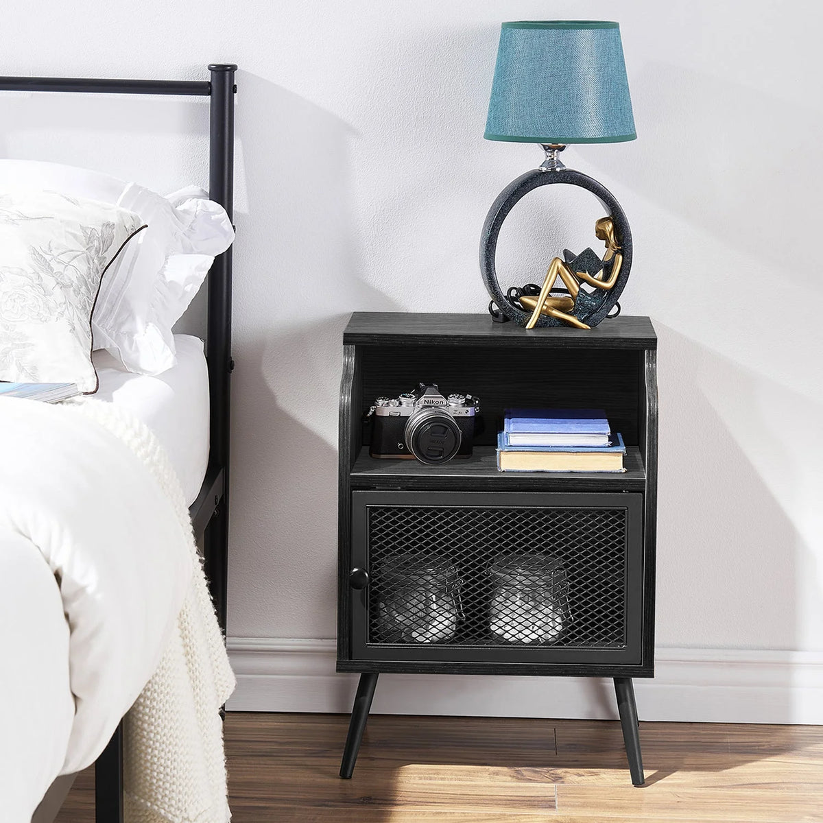 Set of 2 Black Nightstand with Storage Cabinet J250