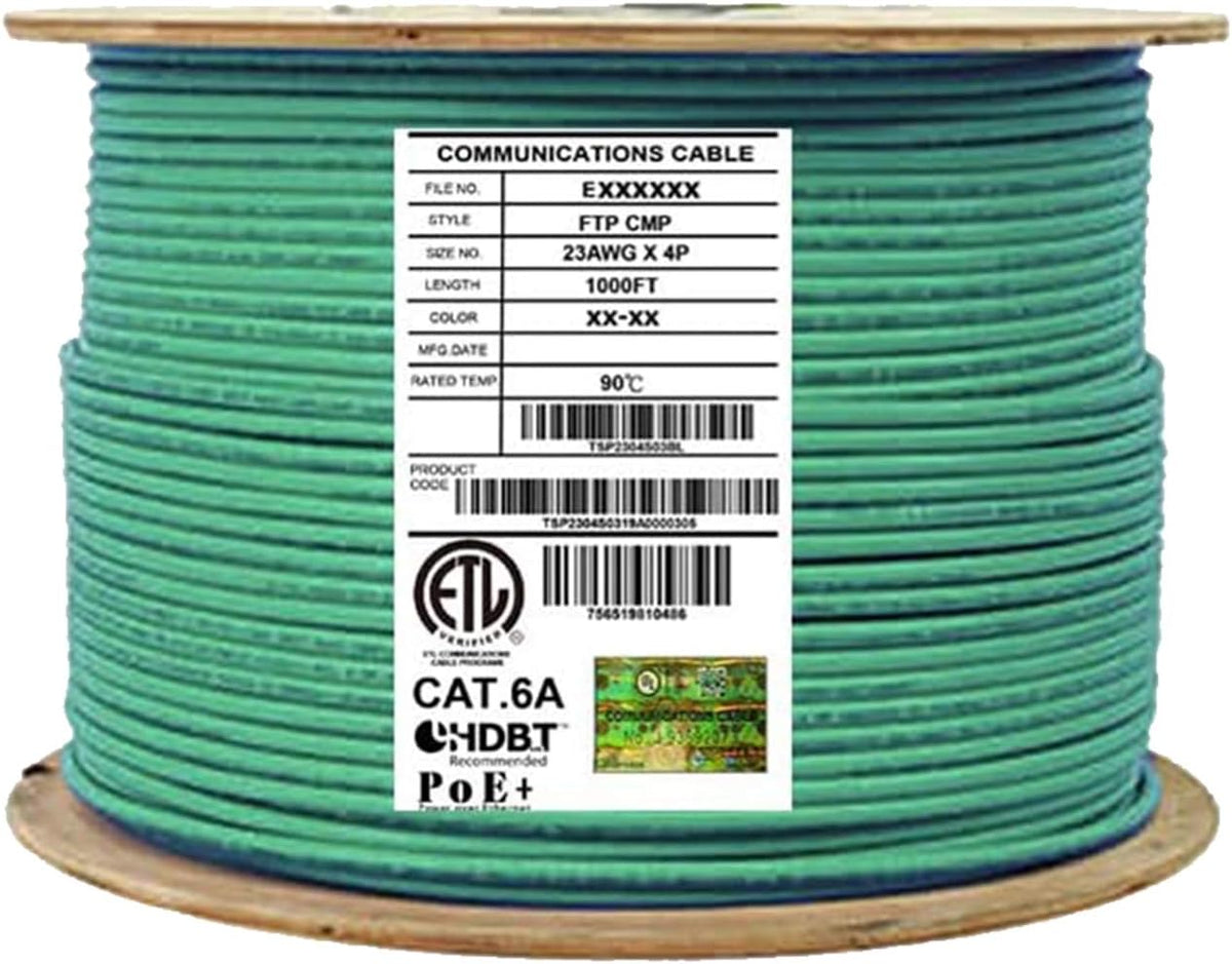 Bulk Ethernet Cable Reel, Cat6A Shielded Plenum, 1000ft, FTP 23AWG, Solid Pure Copper, Blue P466670