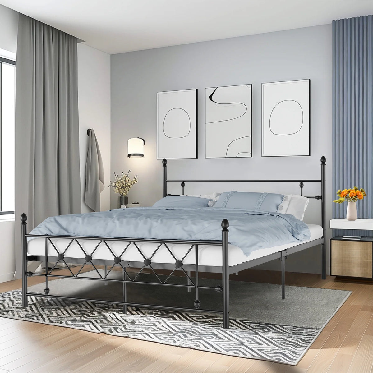 Queen Size Black Metal Platform Bed Frame with Headboard U754