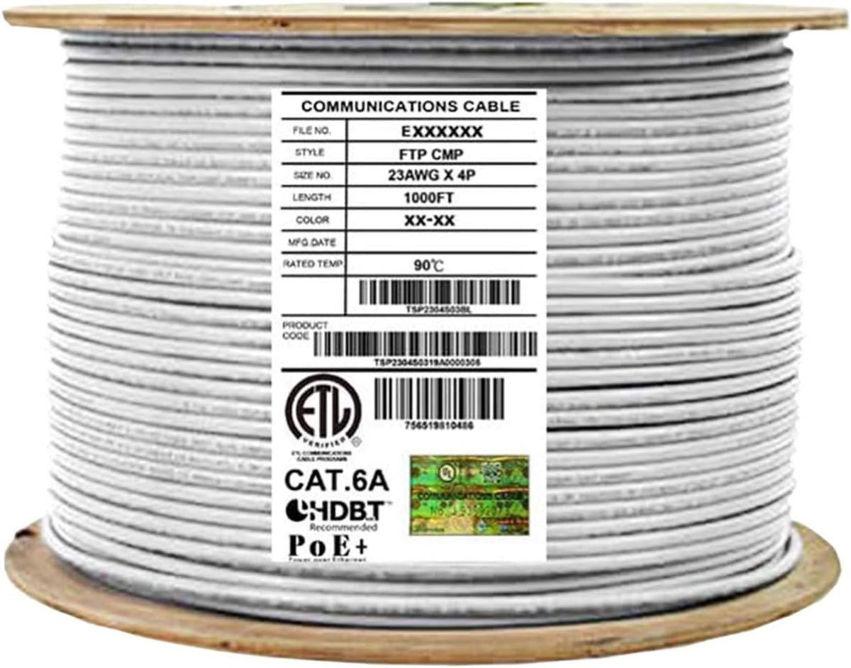 Bulk Ethernet Cable Reel, Cat6A Shielded Plenum, 1000ft, FTP 23AWG, Solid Pure Copper, Blue P466670