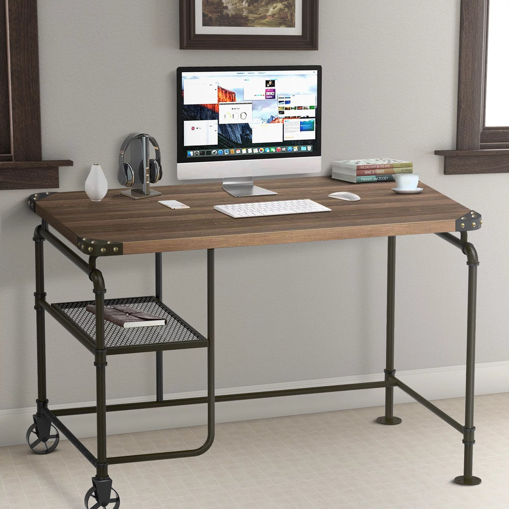 Industrial Metal Writing Desk with Wooden Top L77516