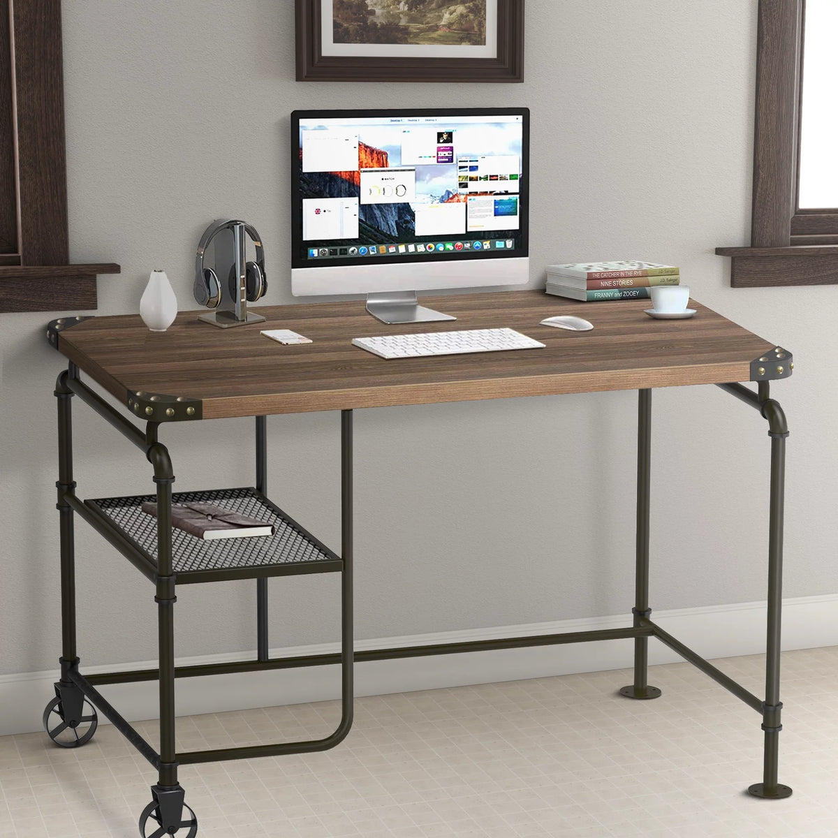 Industrial Metal Writing Desk with Wooden Top L77516