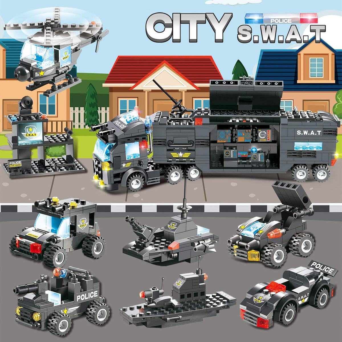 1110 PCS SWAT City Police Station Mobile Command Center Truck Car Building Blocks Set with Storage Box V630