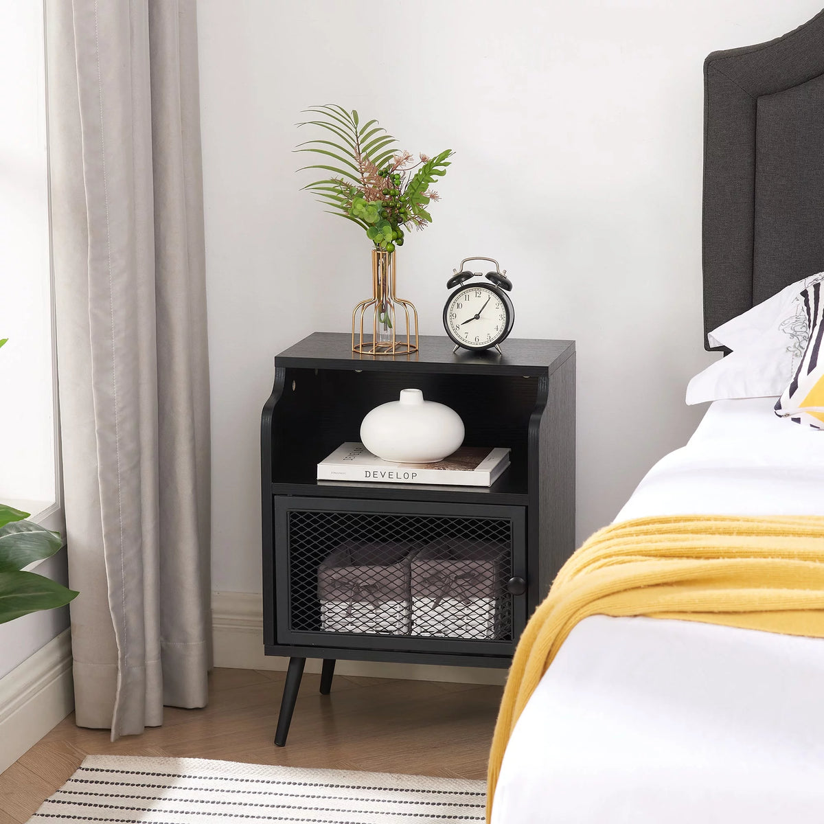 Set of 2 Black Nightstand with Storage Cabinet J250