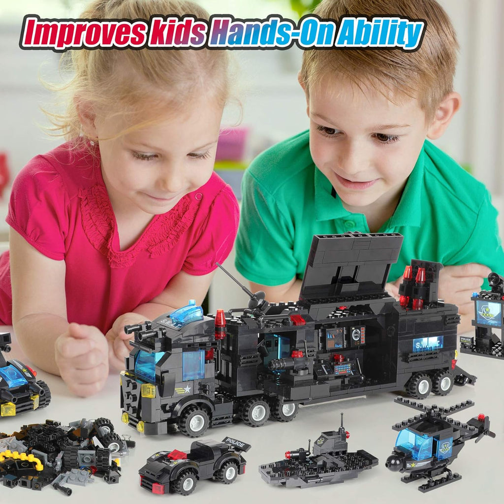 1110 PCS SWAT City Police Station Mobile Command Center Truck Car Building Blocks Set with Storage Box V630