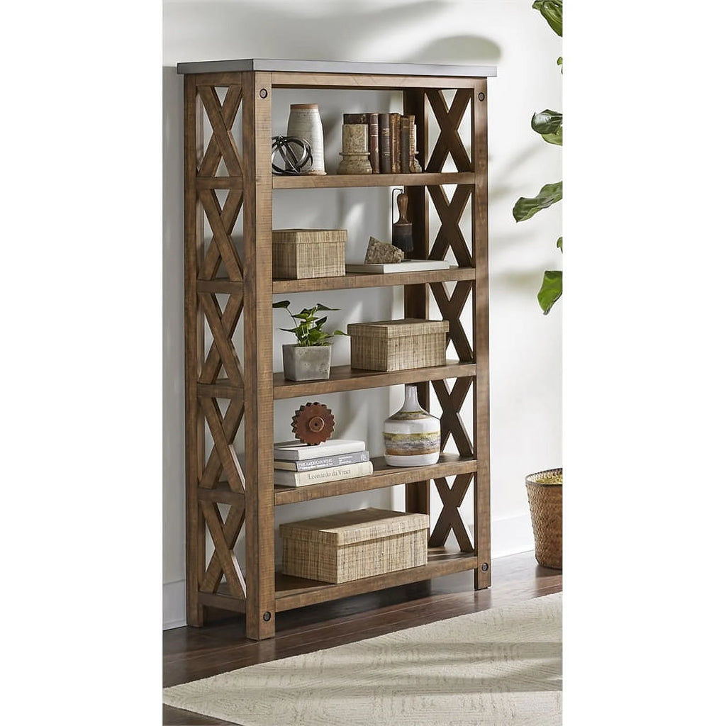 Open Wood Bookcase Shelving Brown Concrete Top P8287