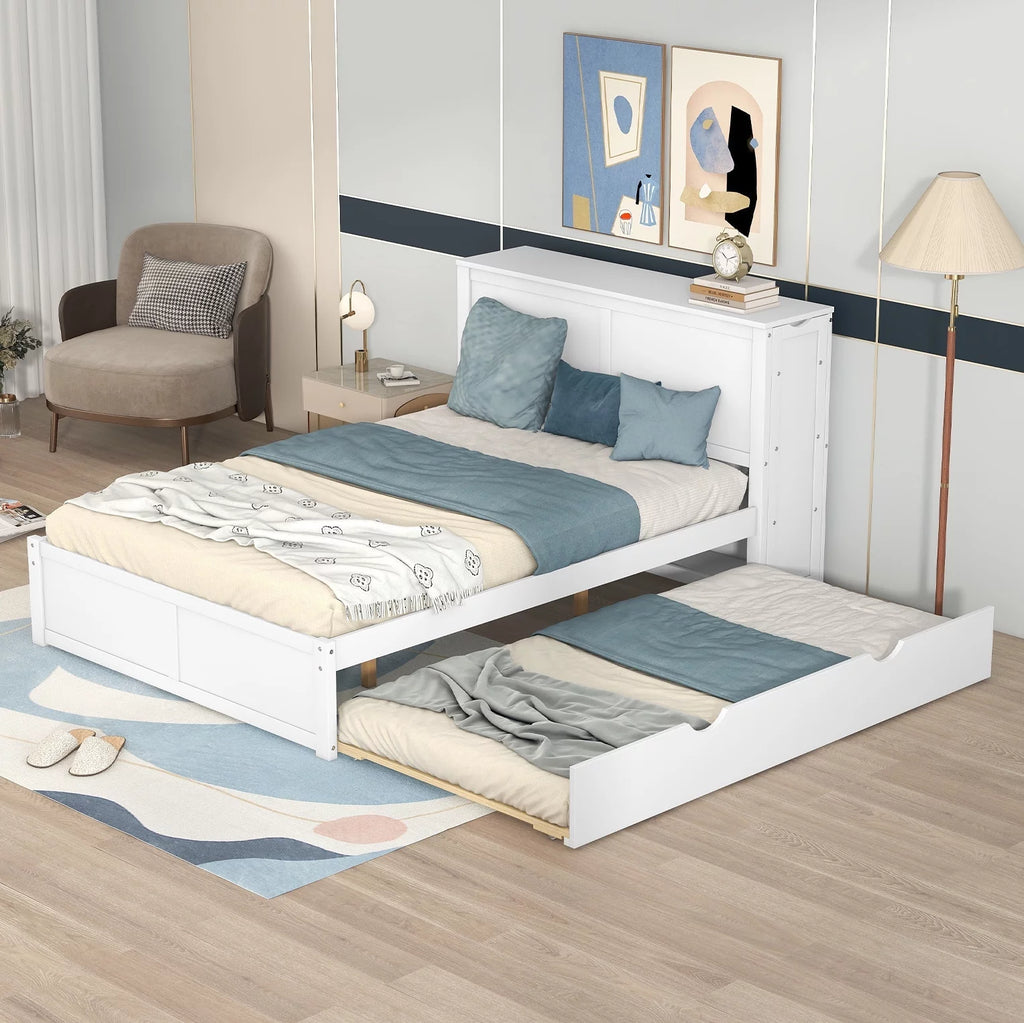 Full Size Wood Platform Bed with Trundle and Storage M756